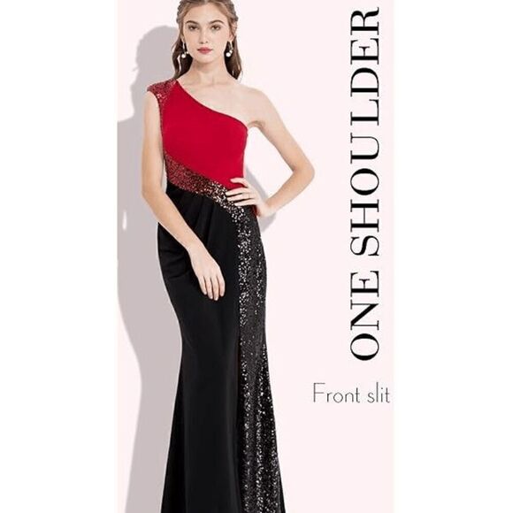One Shoulder Formal Column Sequin Long Evening Gown Maxi Dress SIZE L NWT - Picture 14 of 16